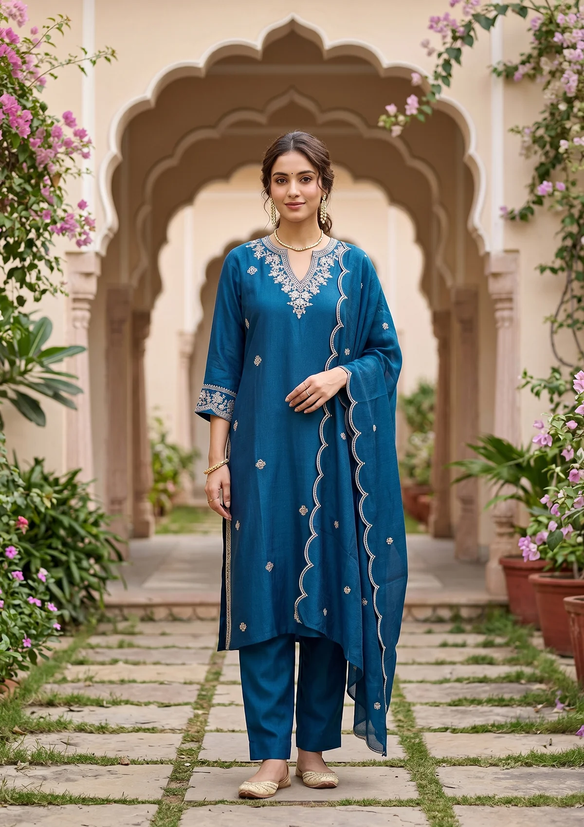 Blue Soft Raw Silk Threadwork Straight Kurta With Pant Regular And Dupatta